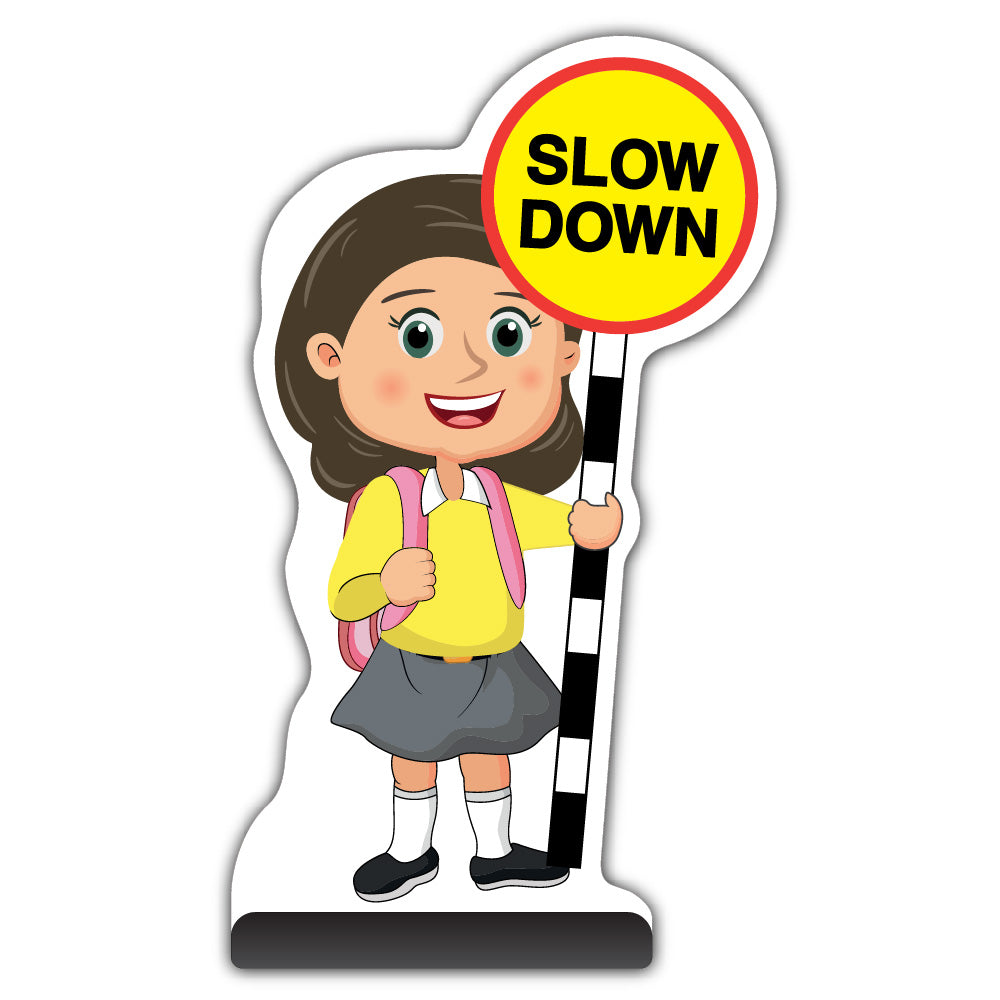 School Kid Cut Out Pavement Sign – Mollie – Slow Down – Yellow Uniform