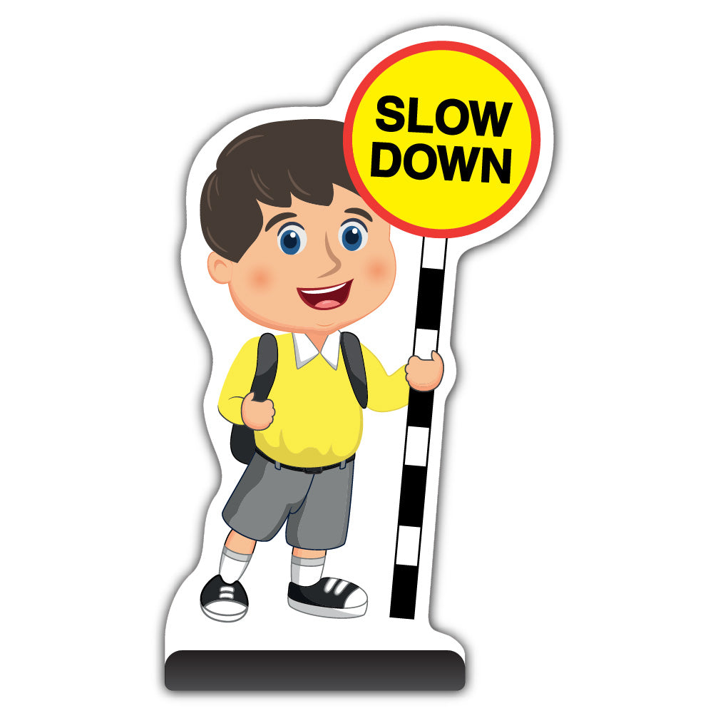 School Kid Cut Out Pavement Sign – Charlie – Slow Down – Yellow Uniform