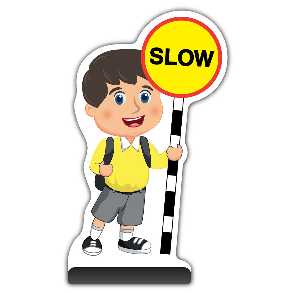 School Kid Cut Out Pavement Sign – Charlie – Slow – Yellow Uniform