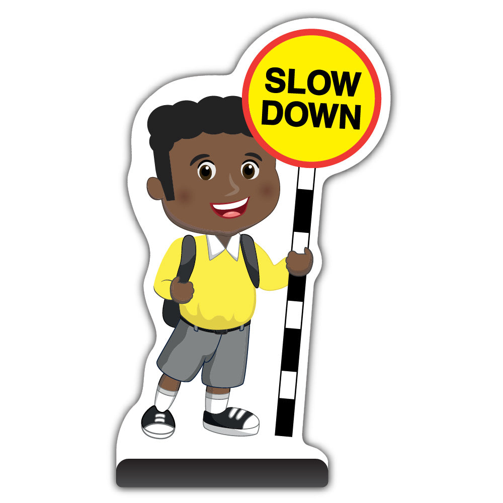 School Kid Cut Out Pavement Sign – Toby – Slow Down – Yellow Uniform