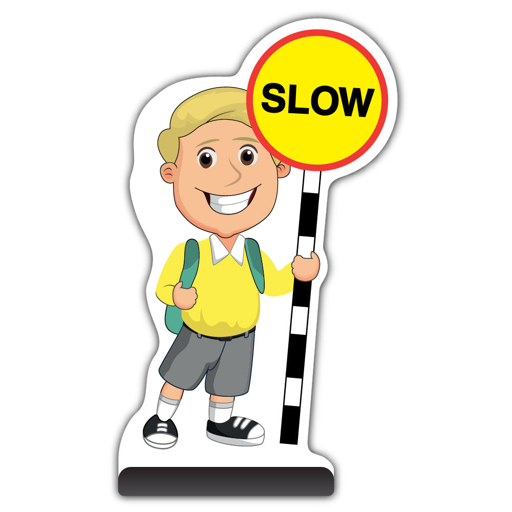 School Kid Cut Out Pavement Sign – Finn – Slow – Yellow Uniform