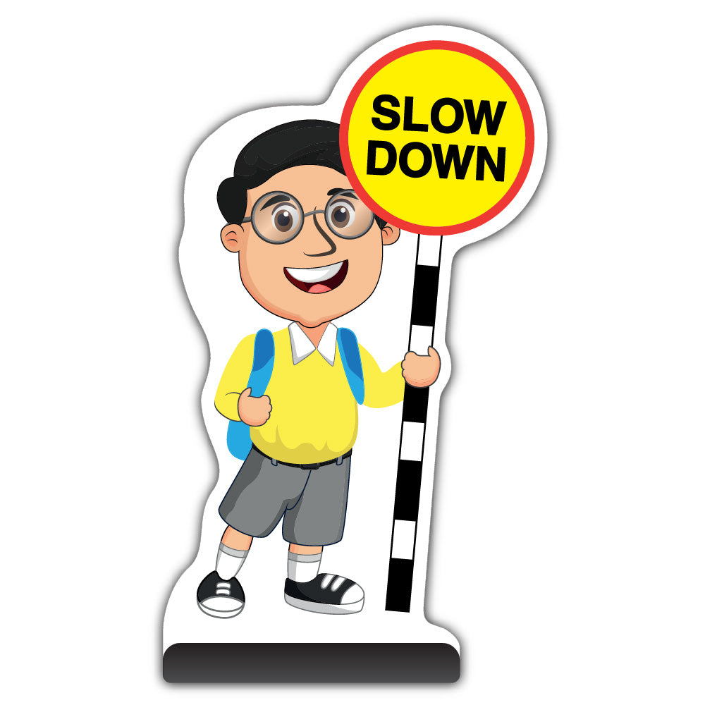 School Kid Cut Out Pavement Sign – Liam – Slow Down – Yellow Uniform