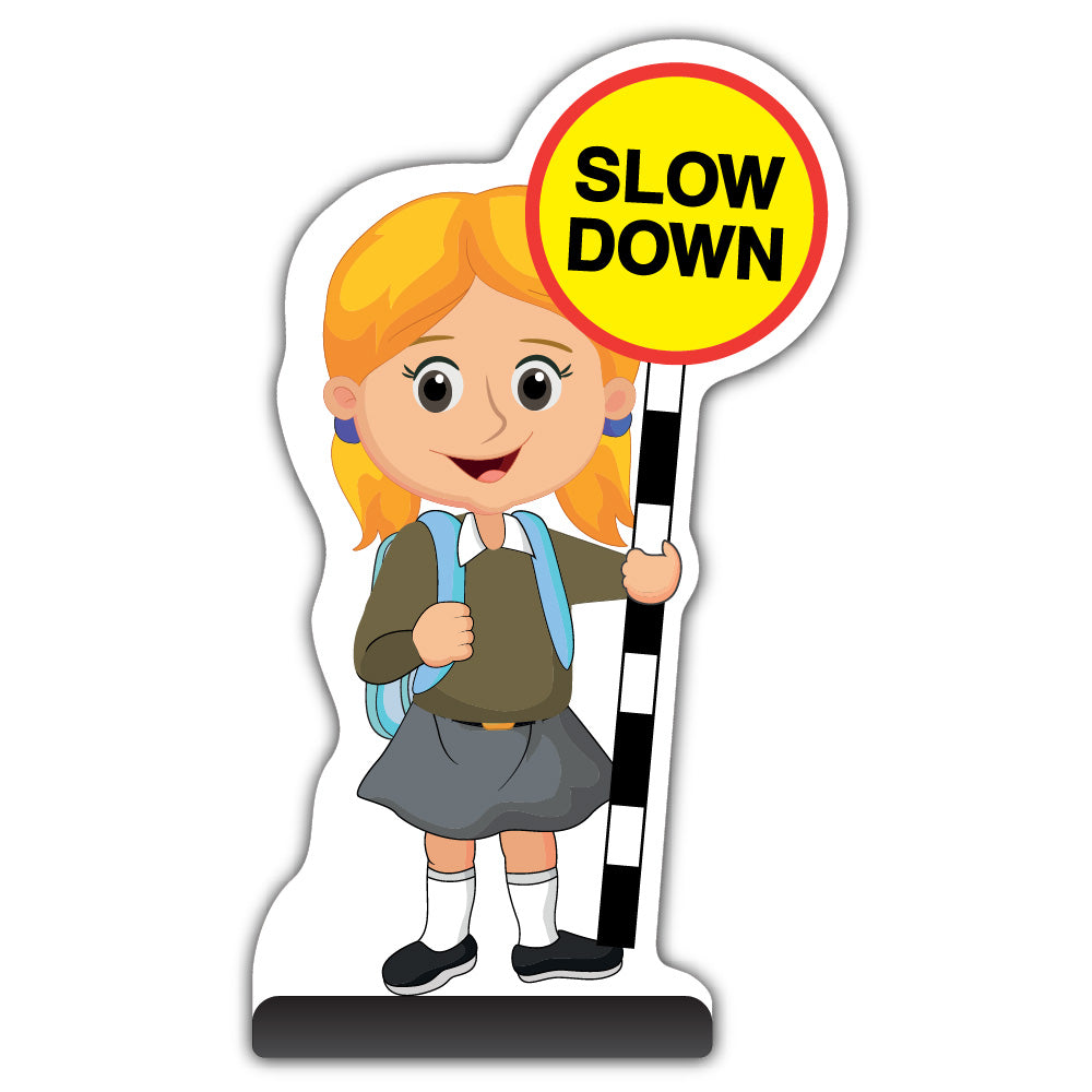 School Kid Cut Out Pavement Sign – Jess – Slow Down – Brown Uniform