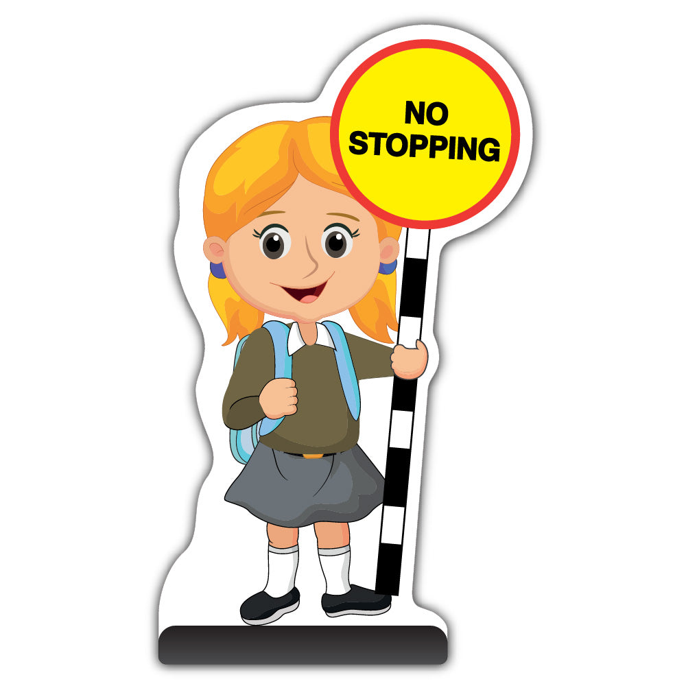 School Kid Cut Out Pavement Sign – Jess – No Stopping – Brown Uniform