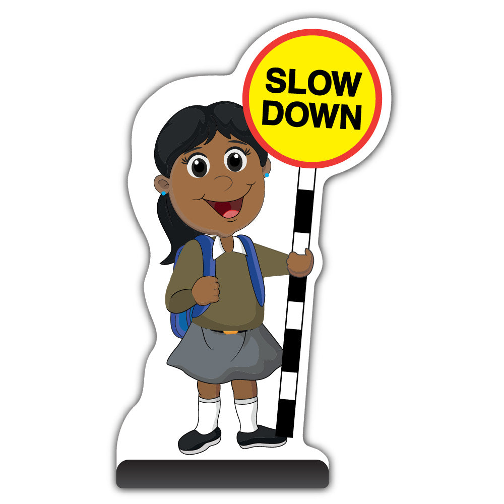 School Kid Cut Out Pavement Sign – Ruby – Slow Down – Brown Uniform