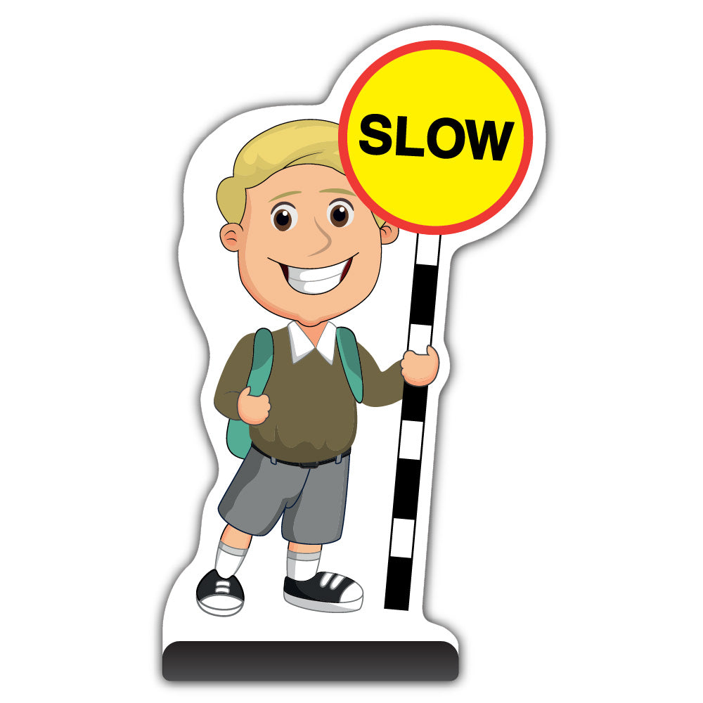 School Kid Cut Out Pavement Sign – Finn – Slow – Brown Uniform