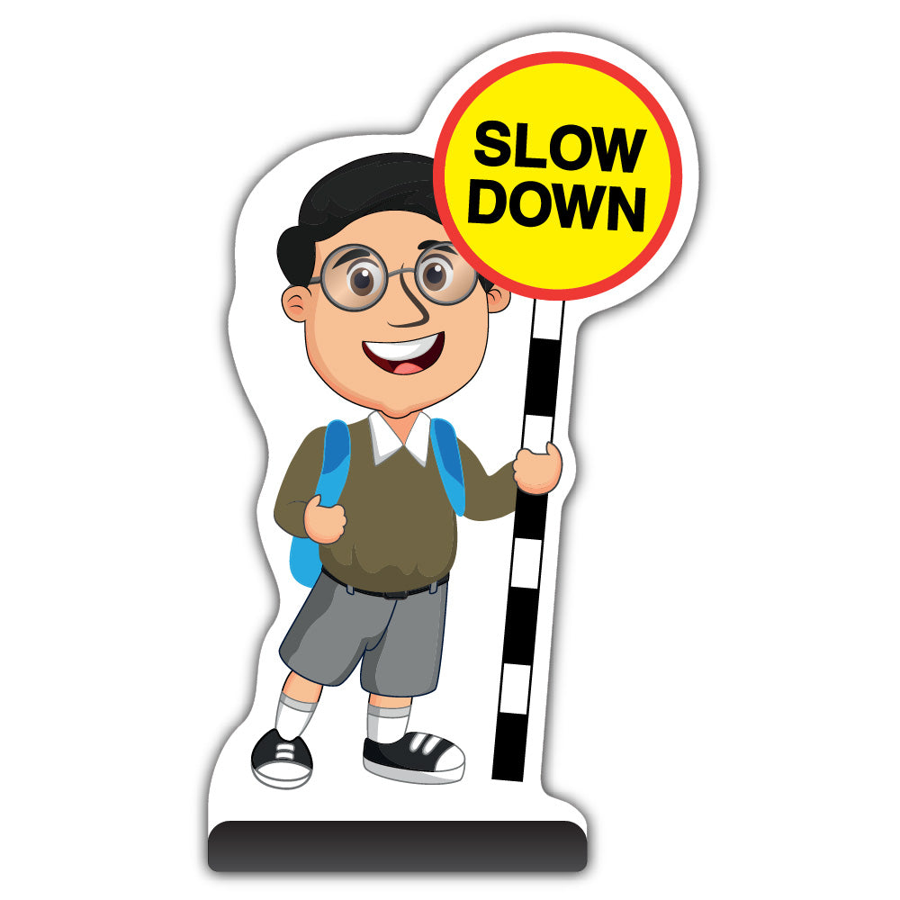 School Kid Cut Out Pavement Sign – Liam – Slow Down – Brown Uniform