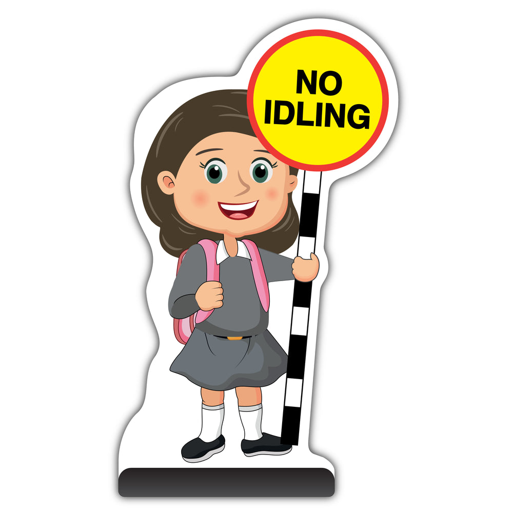 School Kid Cut Out Pavement Sign – Mollie – No Idling – Grey Uniform