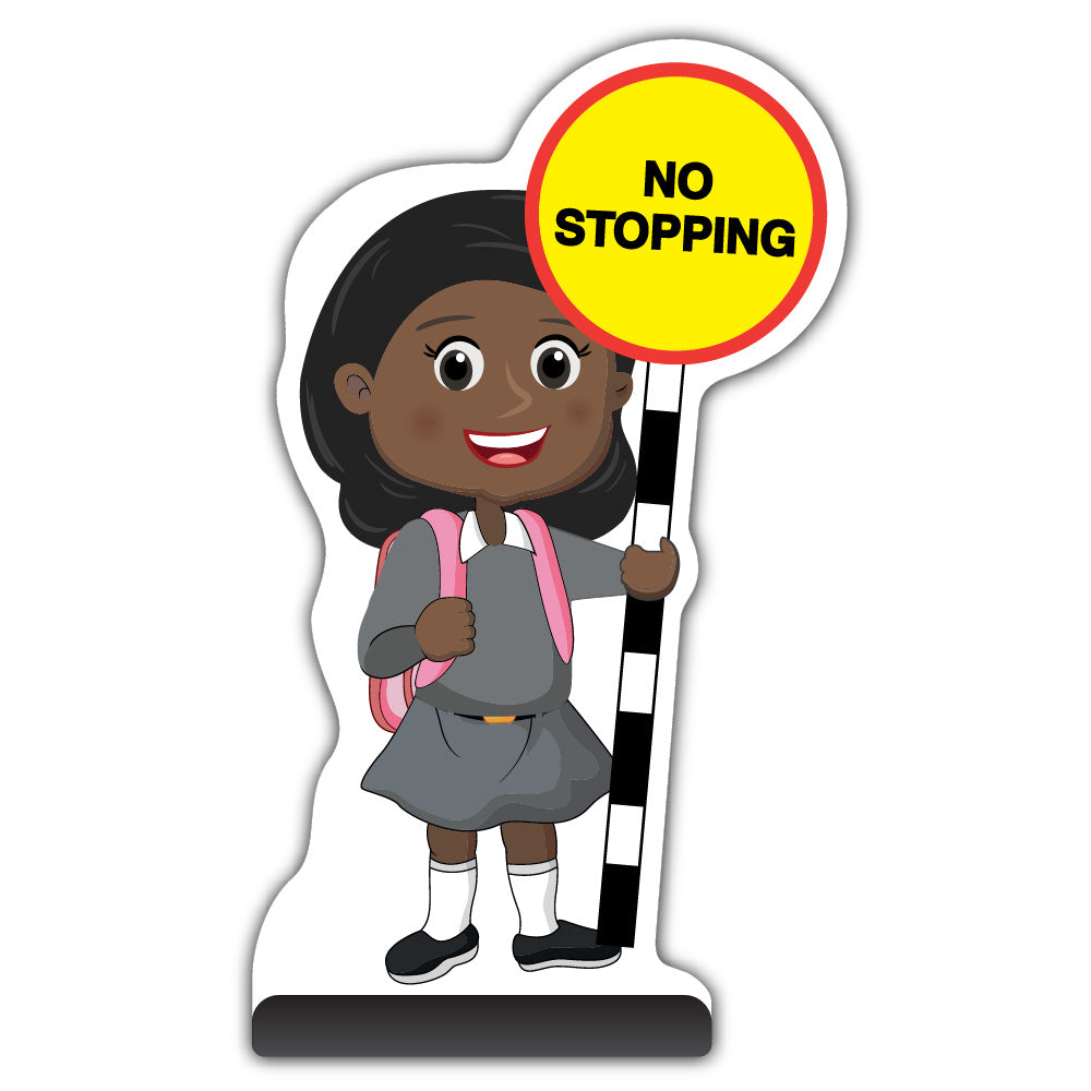 School Kid Cut Out Pavement Sign – Naomi – No Stopping – Grey Uniform