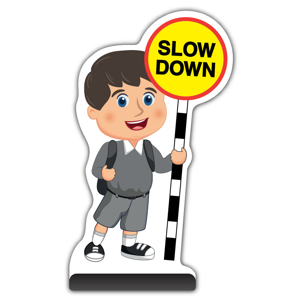 School Kid Cut Out Pavement Sign – Charlie – Slow Down – Grey Uniform
