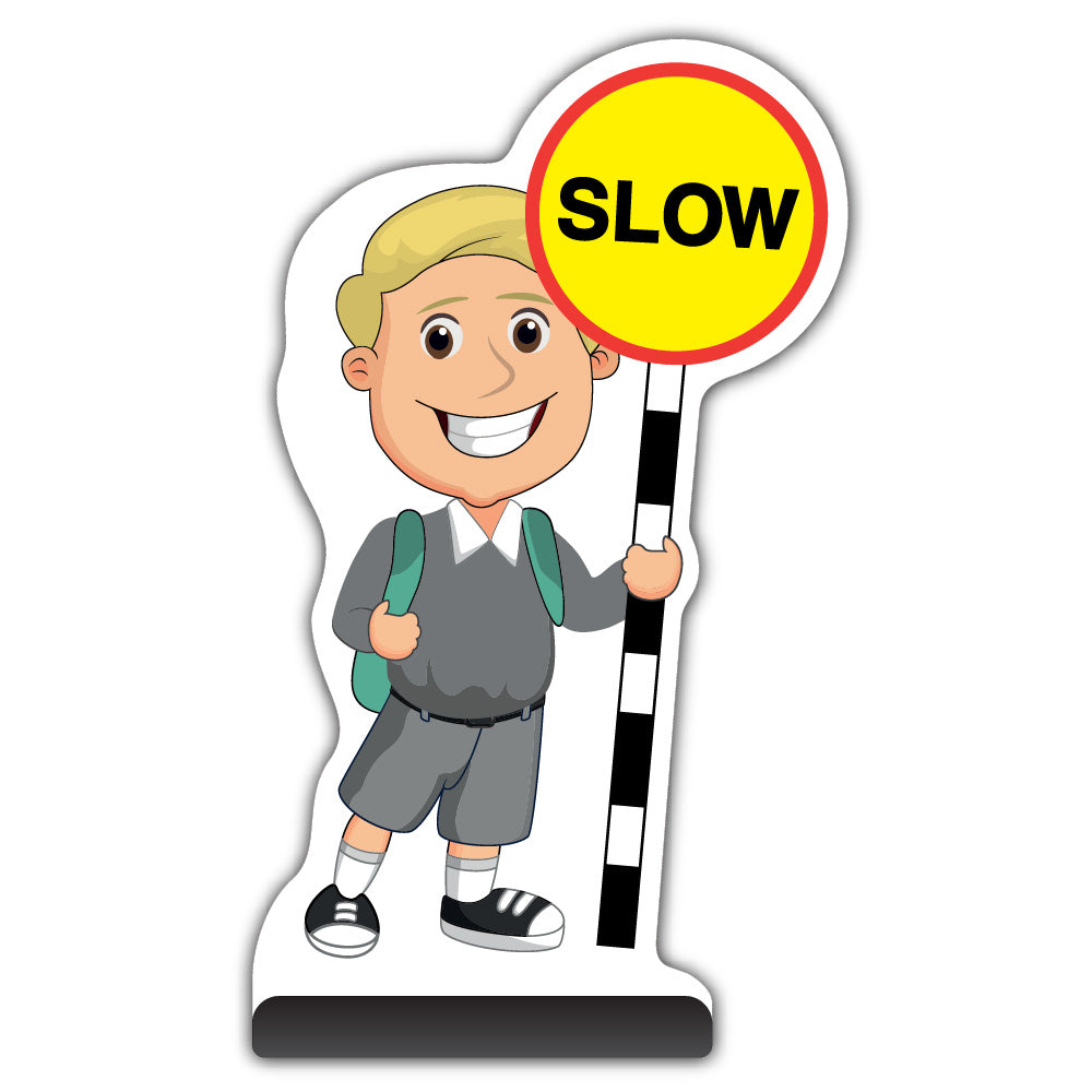 School Kid Cut Out Pavement Sign – Finn – Slow – Grey Uniform
