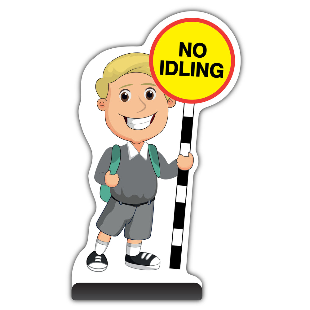 School Kid Cut Out Pavement Sign – Finn – No Idling – Grey Uniform