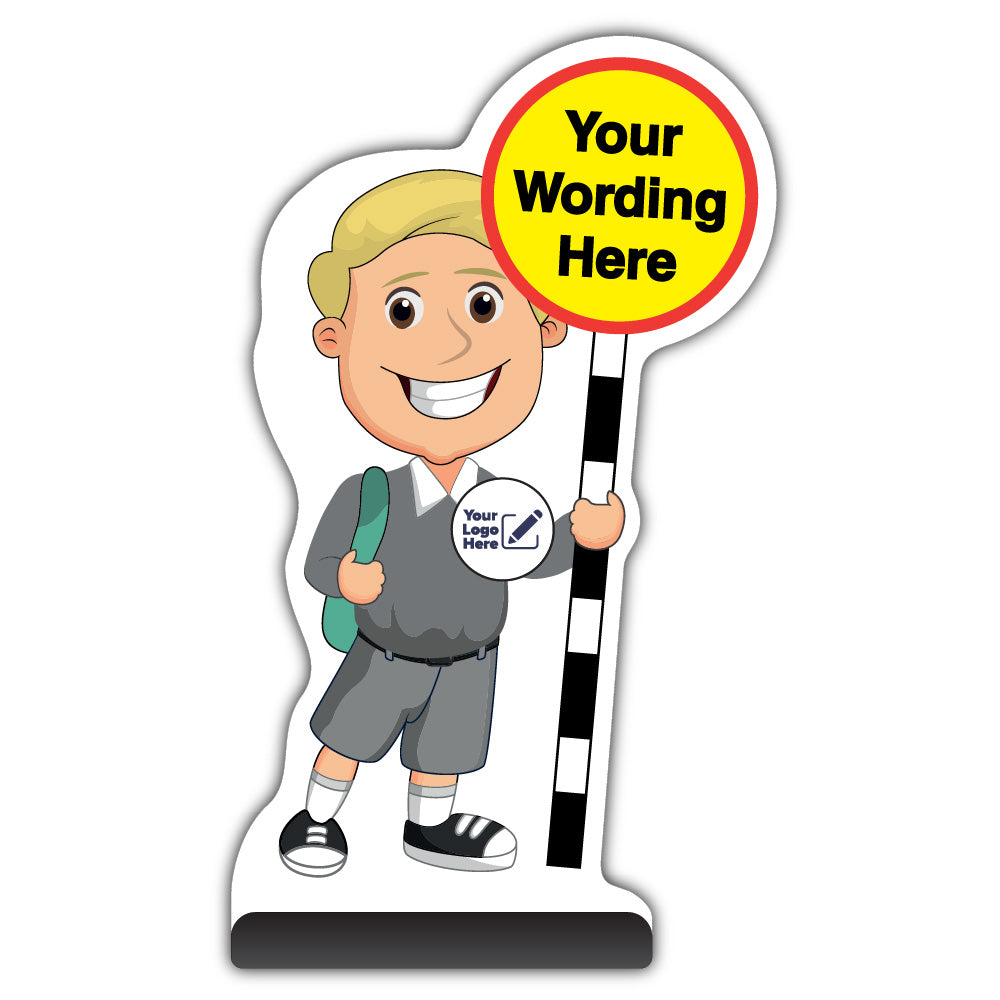 Custom Kid Cut Out Pavement Sign – Finn – Grey Uniform – Add Your Logo