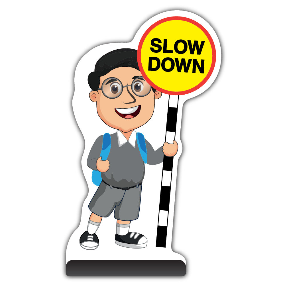 School Kid Cut Out Pavement Sign – Liam – Slow Down – Grey Uniform