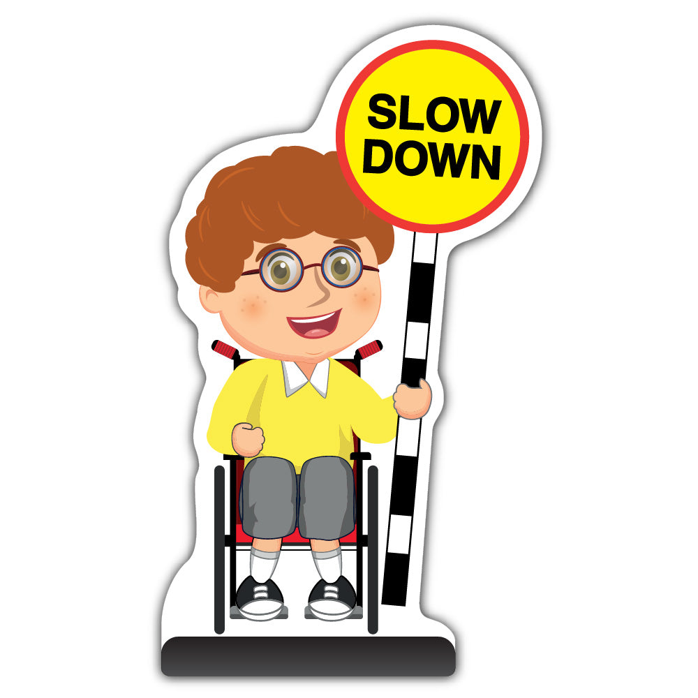 School Kid Cut Out Pavement Sign – Ben – Slow Down – Yellow Uniform