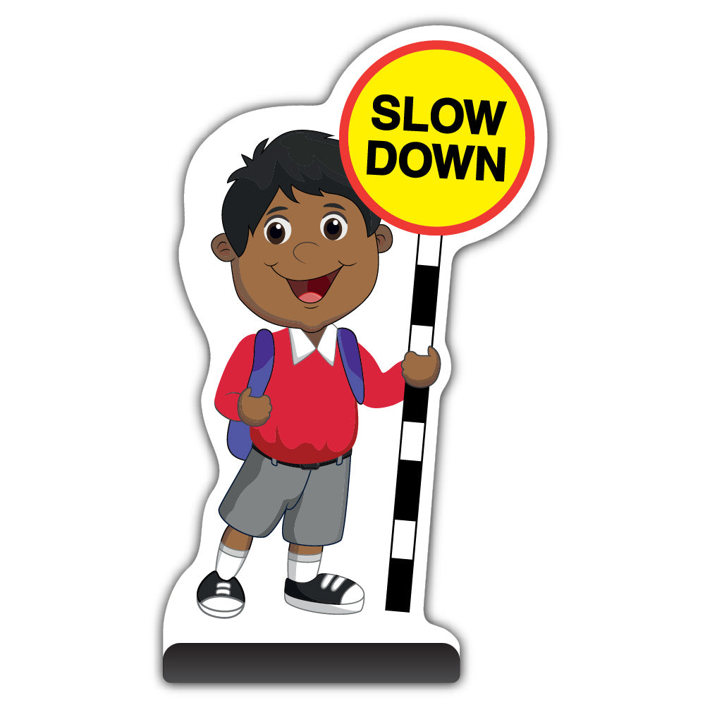 School Kid Cut Out Pavement Sign – Kamal – Slow Down – Red Uniform