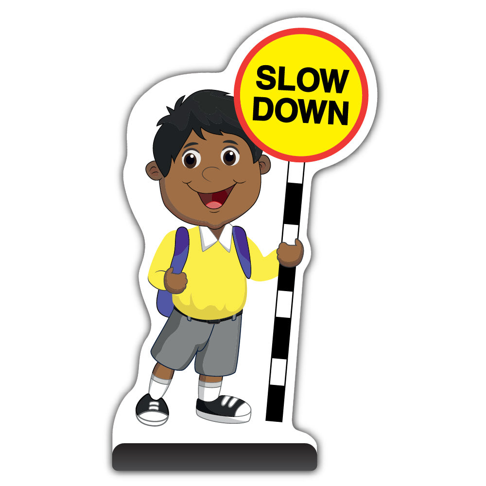 School Kid Cut Out Pavement Sign – Kamal – Slow Down – Yellow Uniform