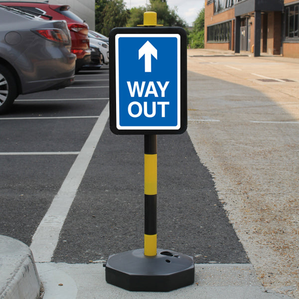 Temporary Signpost – WAY OUT – Blue Arrow Up