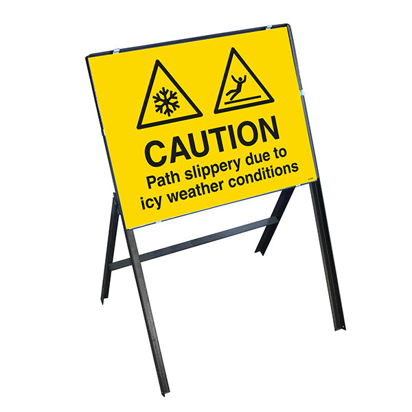 Caution Path Slippery Due To Icy Weather Conditions with Stanchion Frame