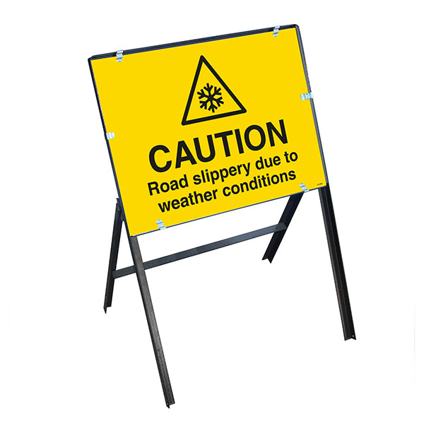 Caution Road Slippery Due To Weather Conditions with Stanchion Frame