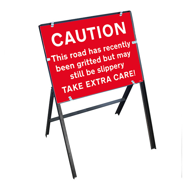 Caution This Road Has Recently Been Gritted...Slippery Take Extra Care! with Stanchion Frame
