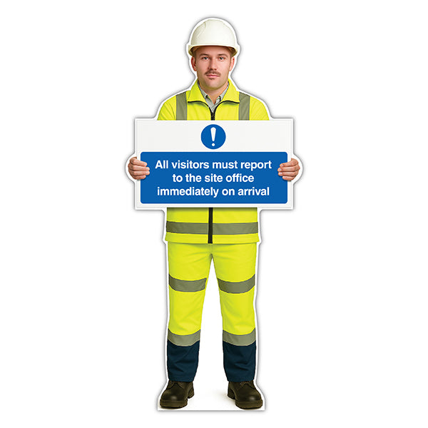 Life-Size Construction Worker Sign – John – Report To Site Office Arrival