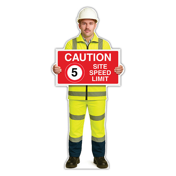Life-Size Construction Worker Sign – John – Caution 5 MPH Speed Limit