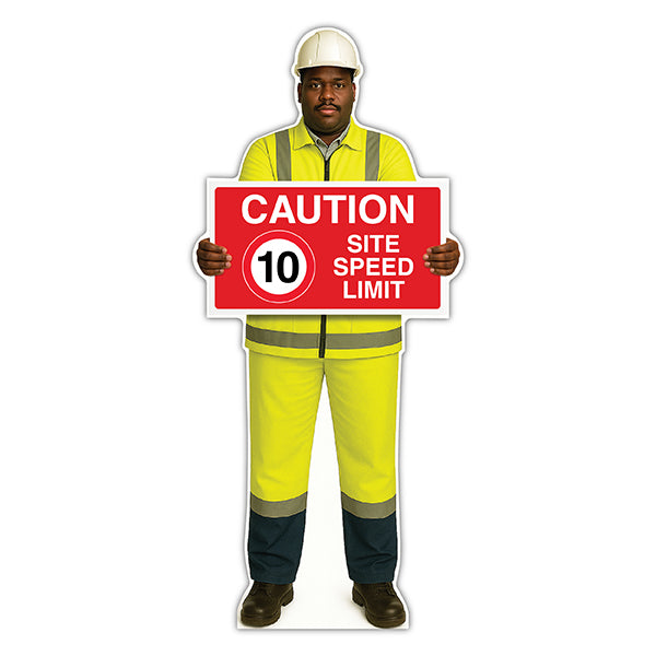Life-Size Construction Worker Sign – Ahmed – Caution 10 MPH Speed Limit