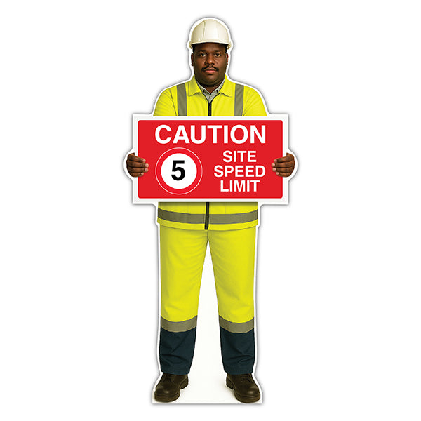 Life-Size Construction Worker Sign – Ahmed – Caution 5 MPH Speed Limit