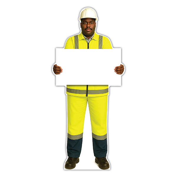 Life-Size Construction Worker Sign – Ahmed – Blank Whiteboard