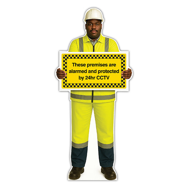 Life-Size Construction Worker Sign – Ahmed – Premises Protected By CCTV