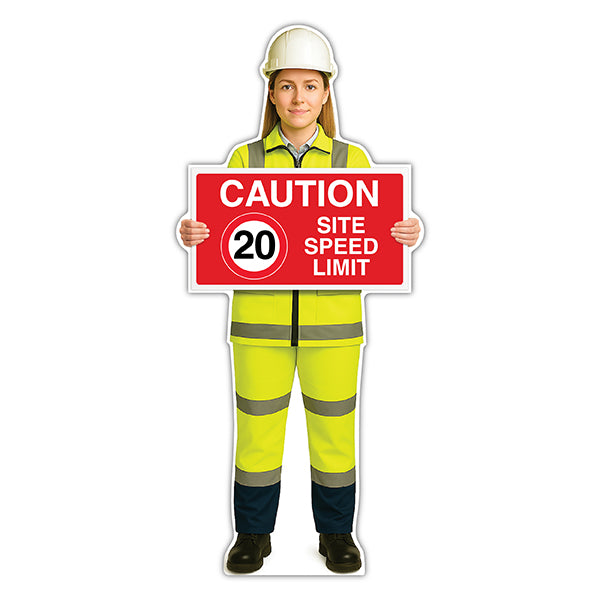 Life-Size Construction Worker Sign – Sofia – Caution 20 MPH Speed Limit