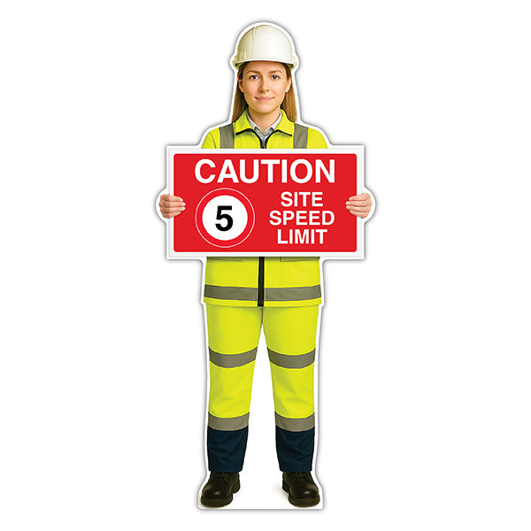 Life-Size Construction Worker Sign – Sofia – Caution 5 MPH Speed Limit
