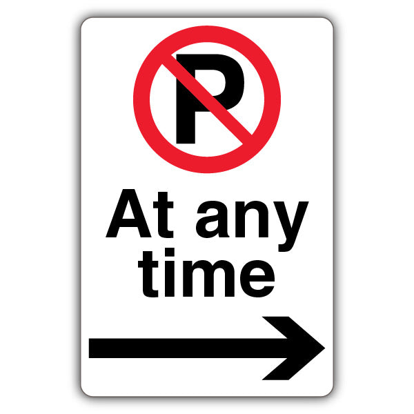 At Any Time – Prohibition Symbol With ‘P’ – Black Arrow Right