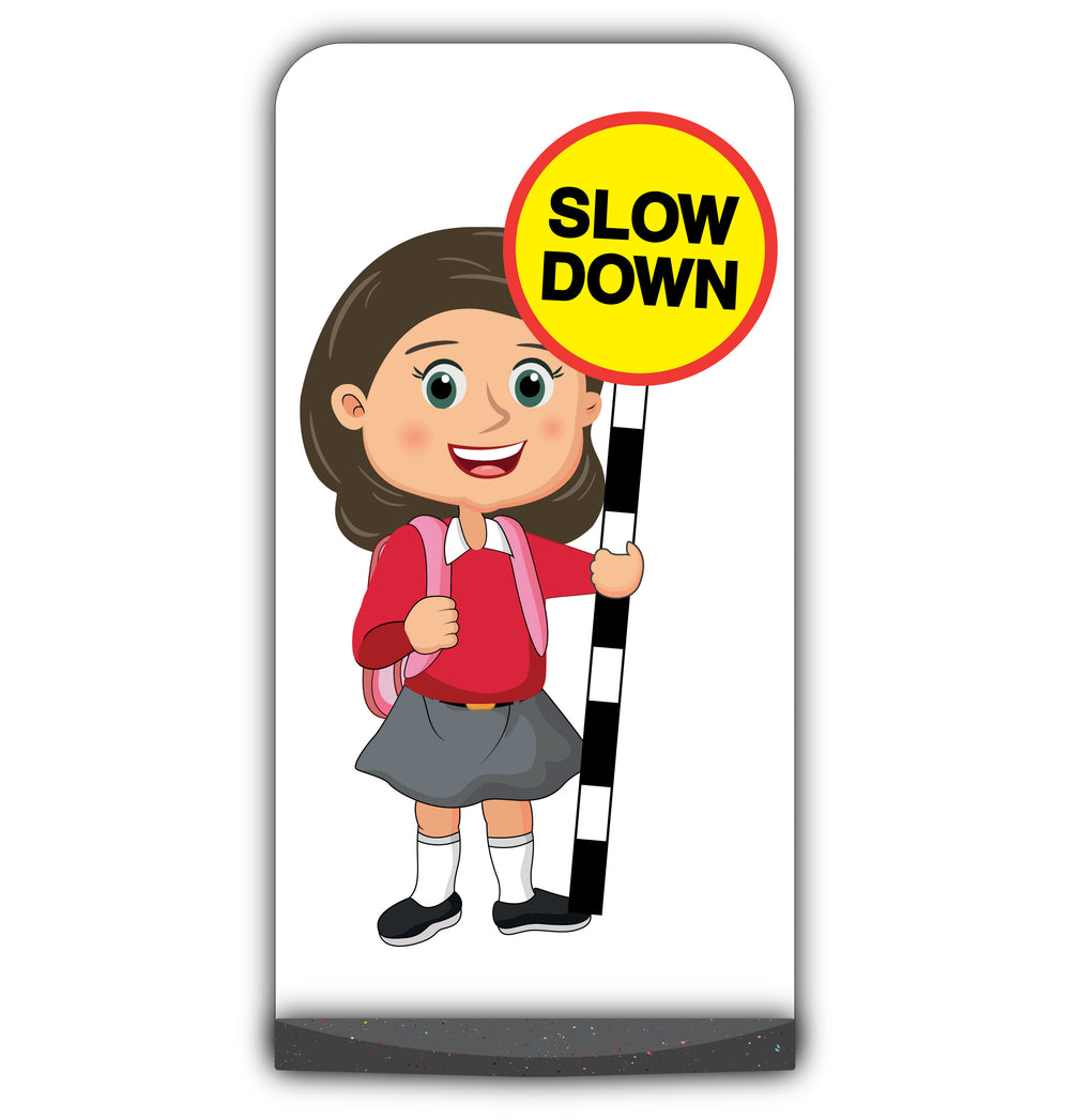 School Kid Flat Panel Pavement Sign – Mollie – Slow Down – Red Uniform