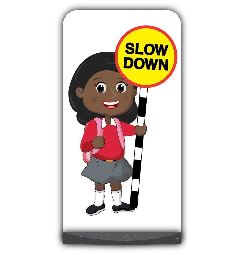 School Kid Flat Panel Pavement Sign – Naomi – Slow Down – Red Uniform