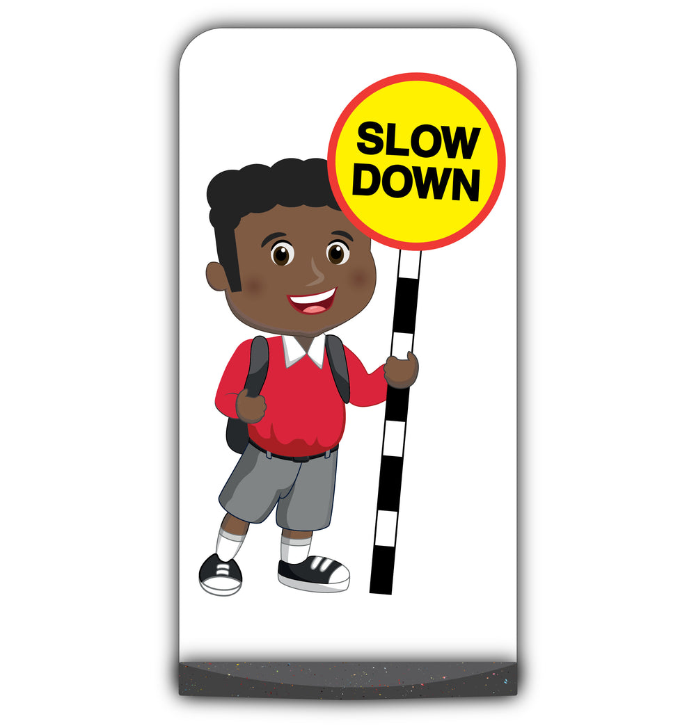 School Kid Flat Panel Pavement Sign – Toby – Slow Down – Red Uniform