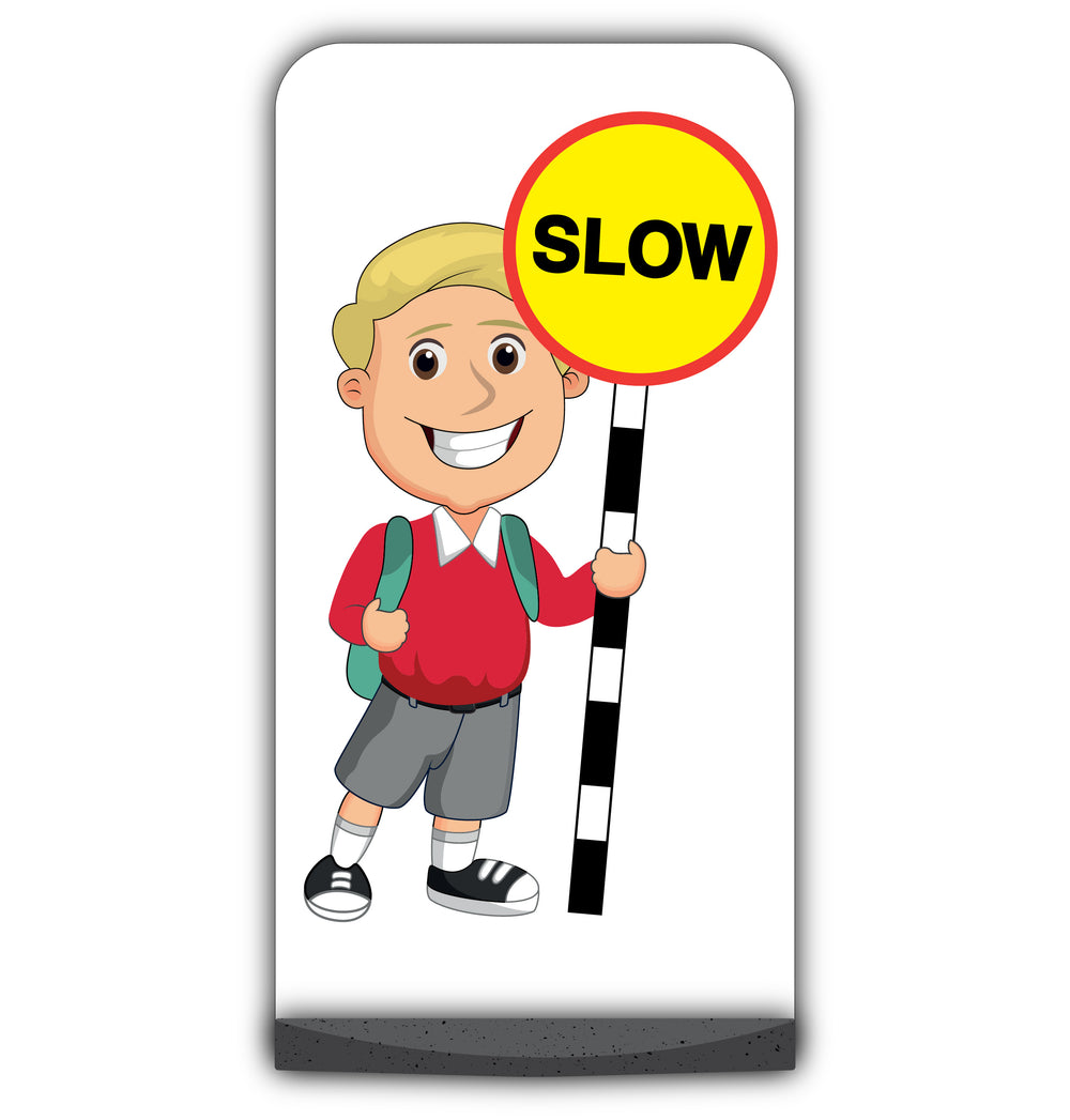 School Kid Flat Panel Pavement Sign – Finn – Slow – Red Uniform
