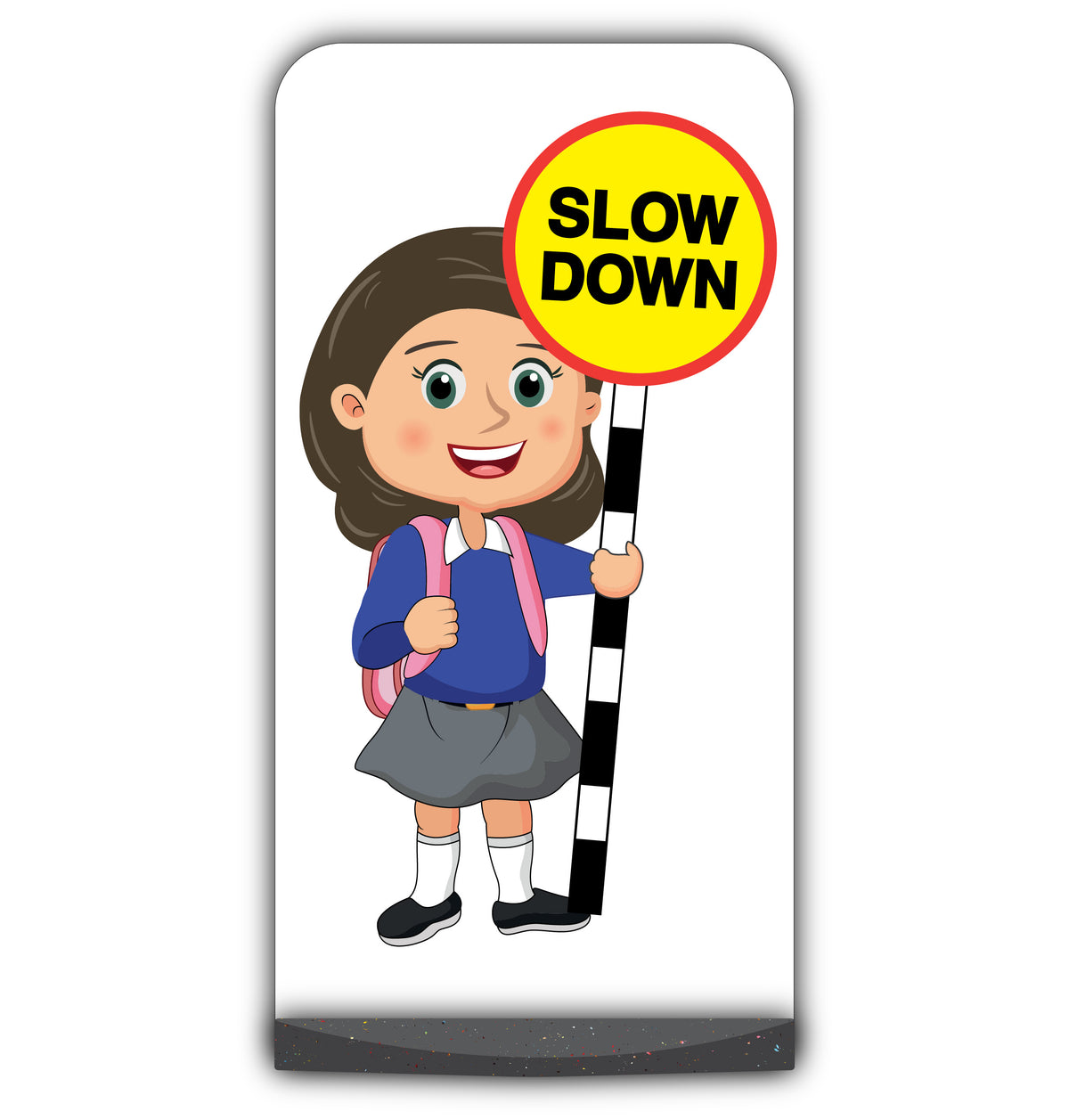School Kid Flat Panel Pavement Sign – Mollie – Slow Down – Blue Uniform