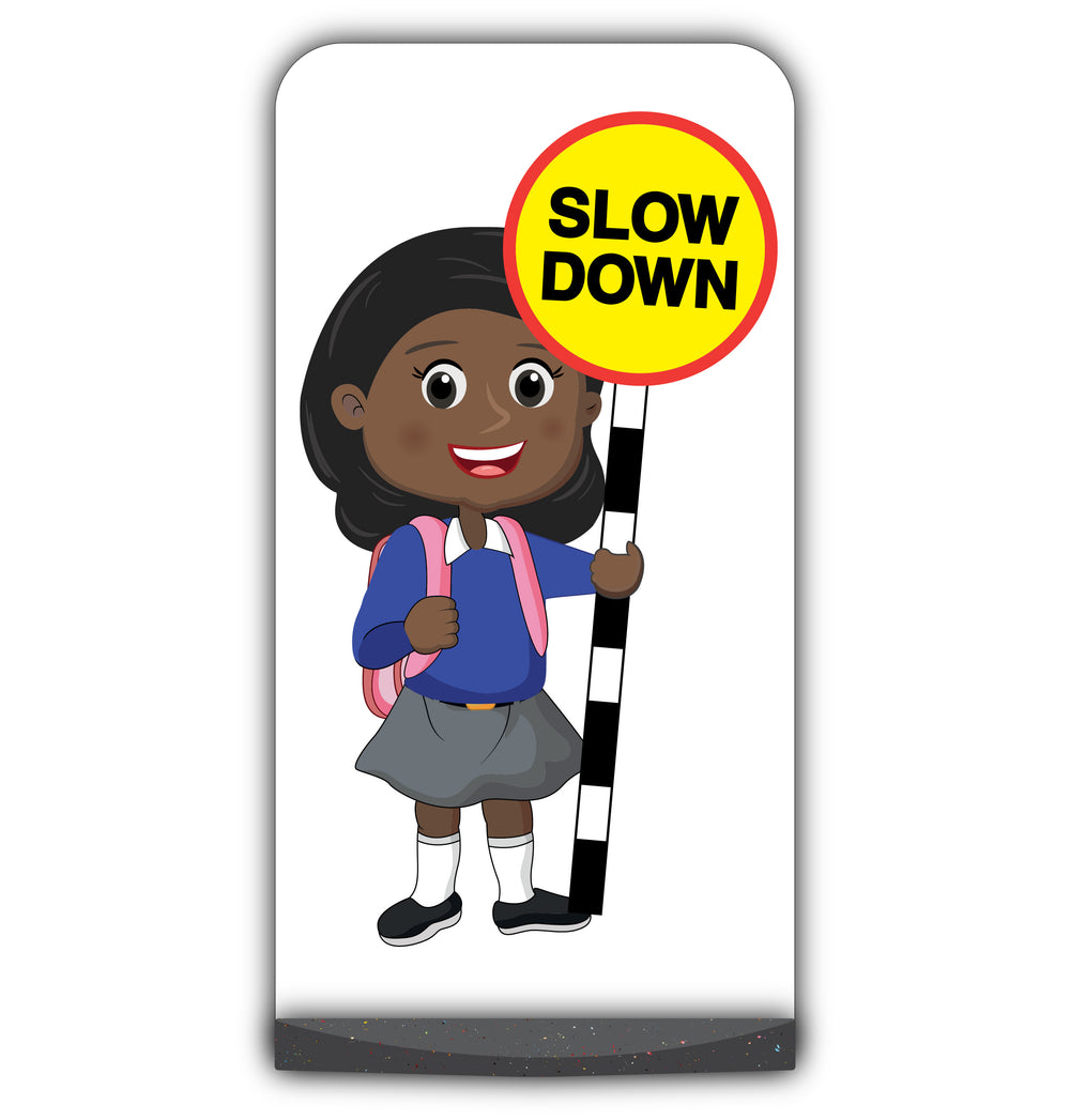 School Kid Flat Panel Pavement Sign – Naomi – Slow Down – Blue Uniform