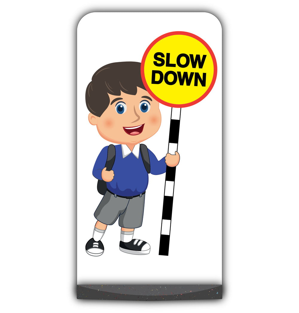 School Kid Flat Panel Pavement Sign – Charlie – Slow Down – Blue Uniform