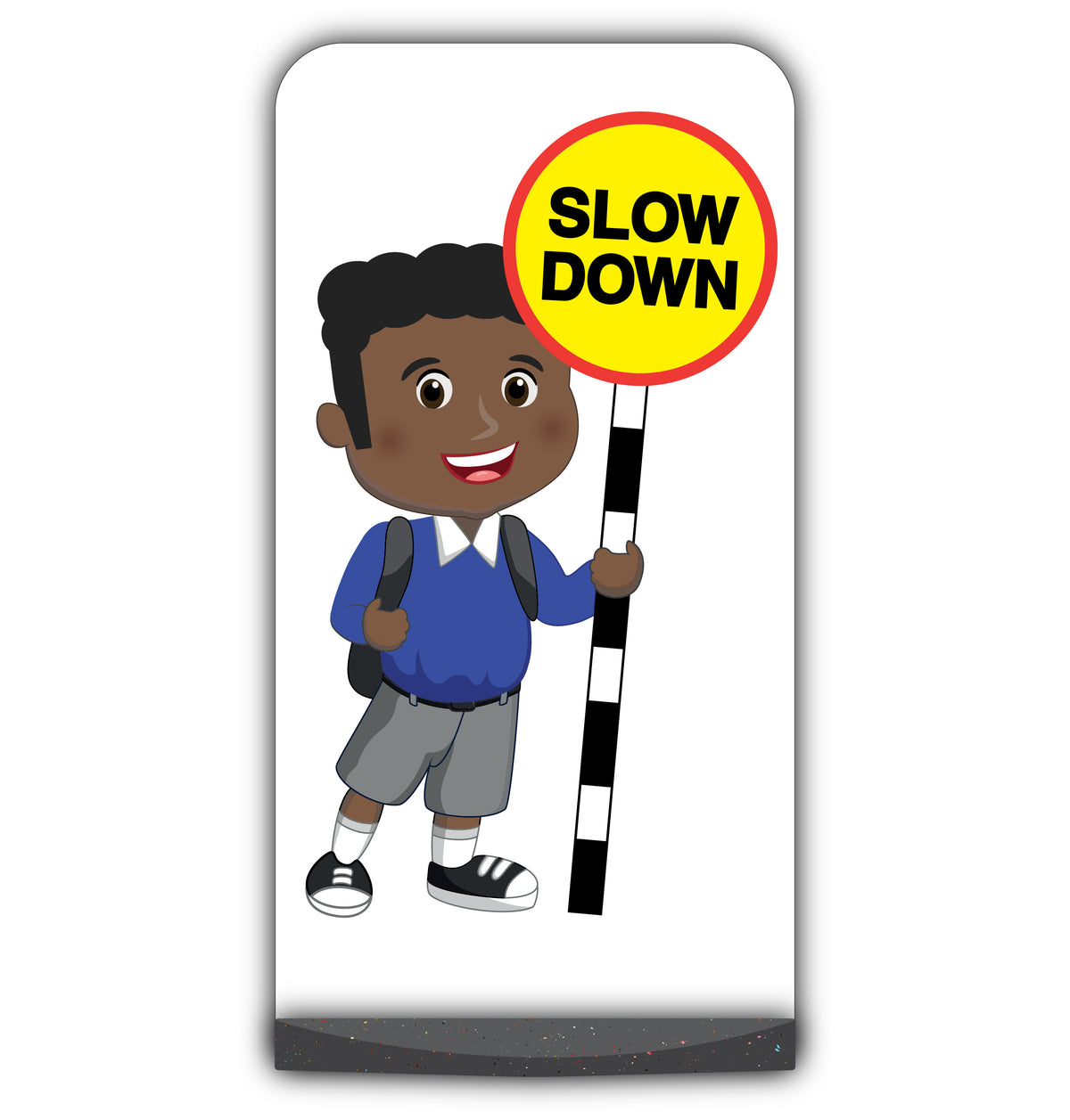 School Kid Flat Panel Pavement Sign – Toby – Slow Down – Blue Uniform