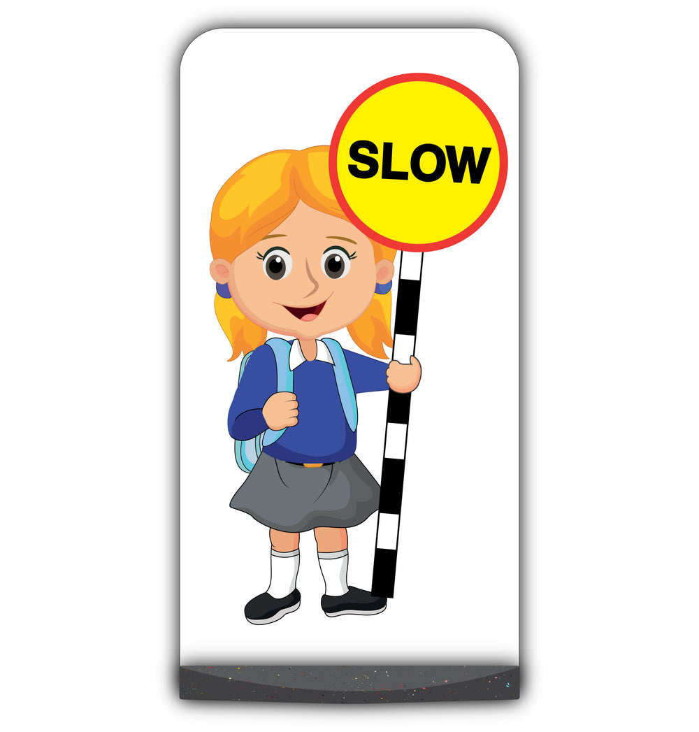 School Kid Flat Panel Pavement Sign – Jess – Slow – Blue Uniform