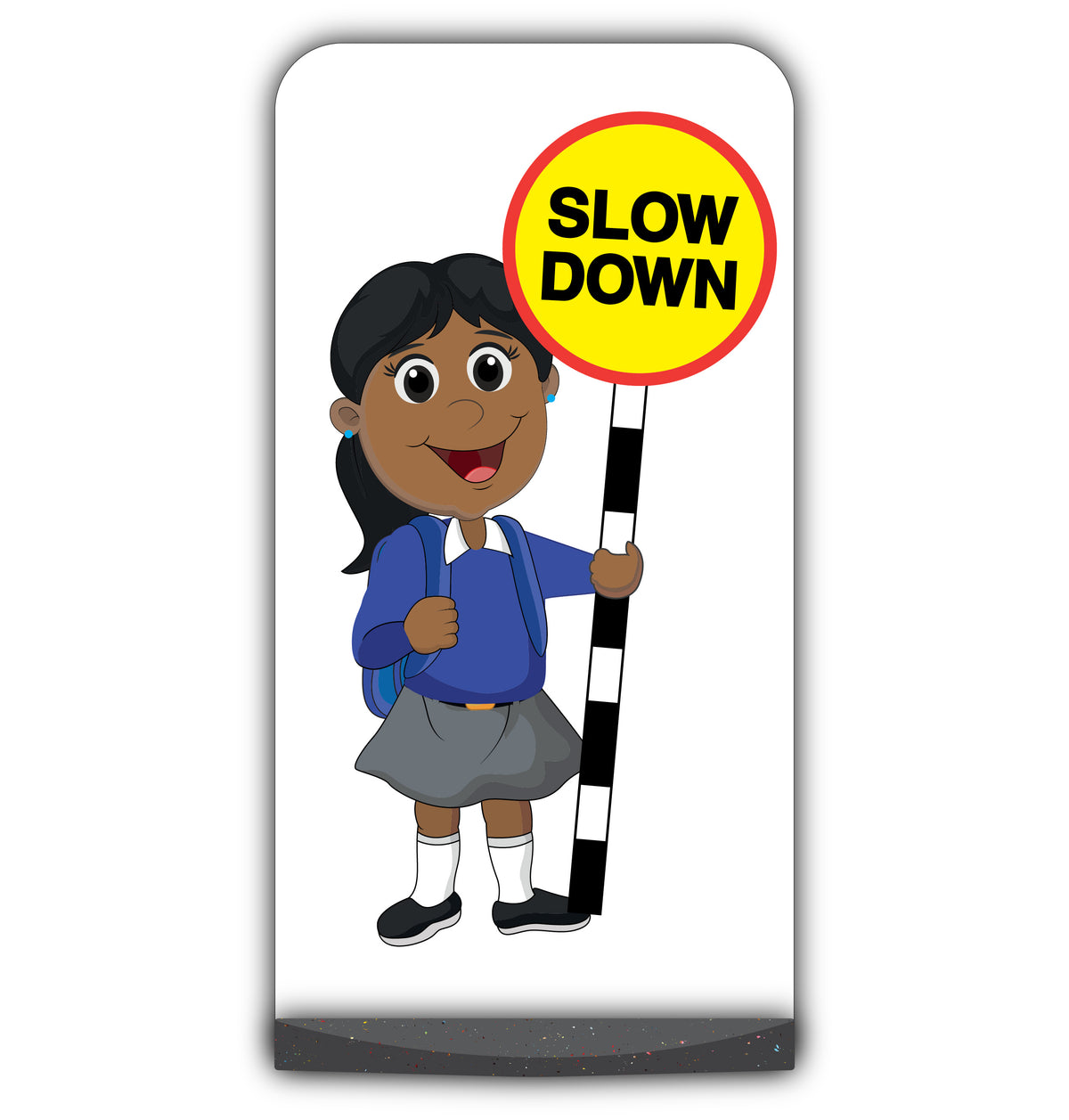 School Kid Flat Panel Pavement Sign – Ruby – Slow Down – Blue Uniform
