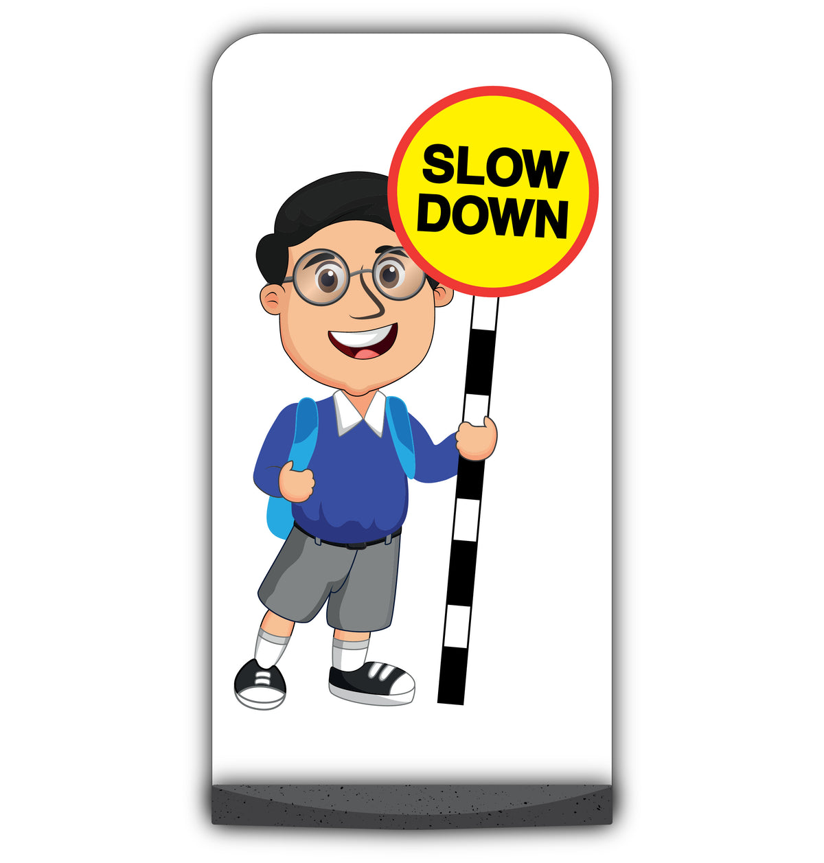 School Kid Flat Panel Pavement Sign – Liam – Slow Down – Blue Uniform