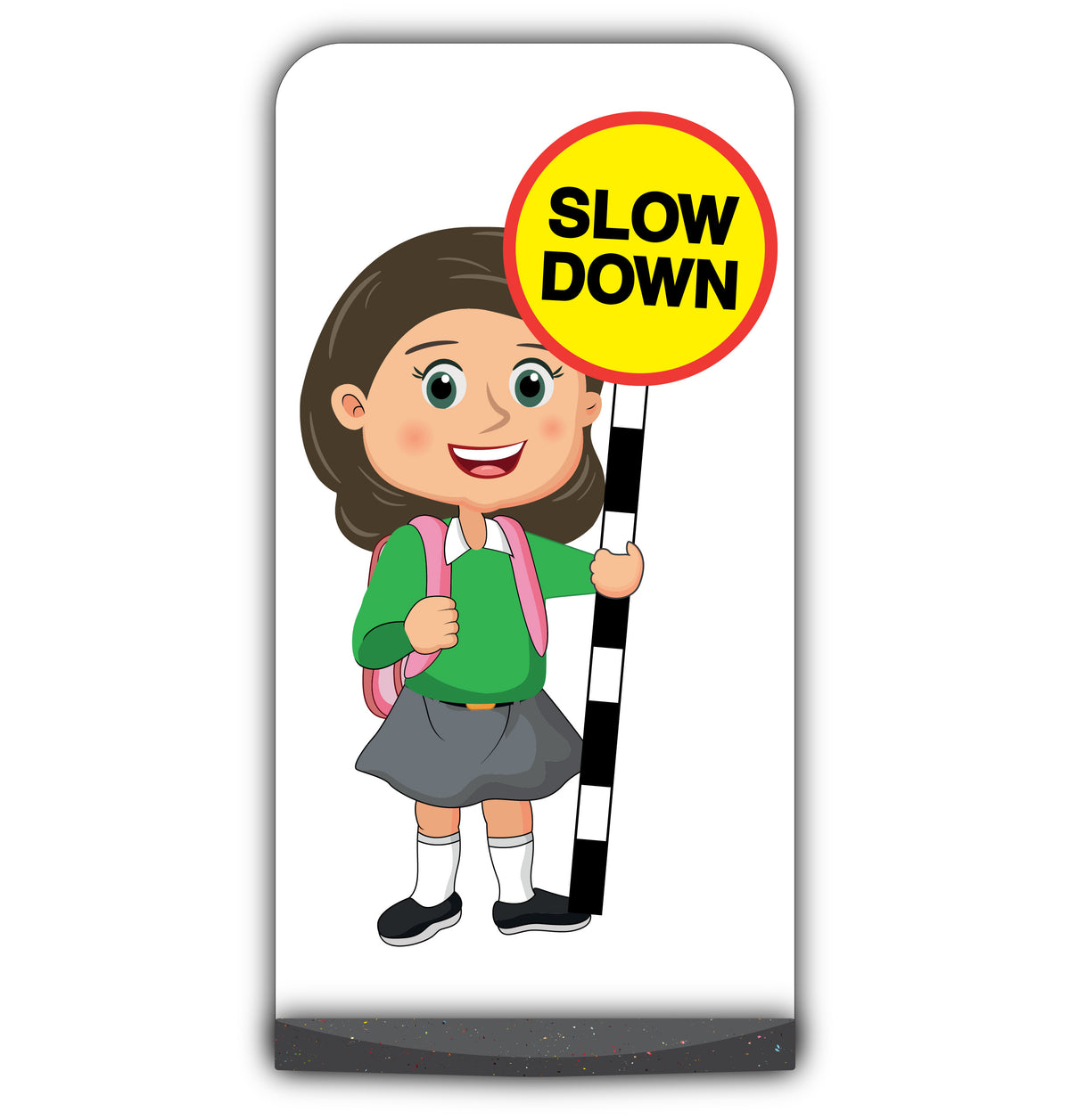 School Kid Flat Panel Pavement Sign – Mollie – Slow Down – Green Uniform