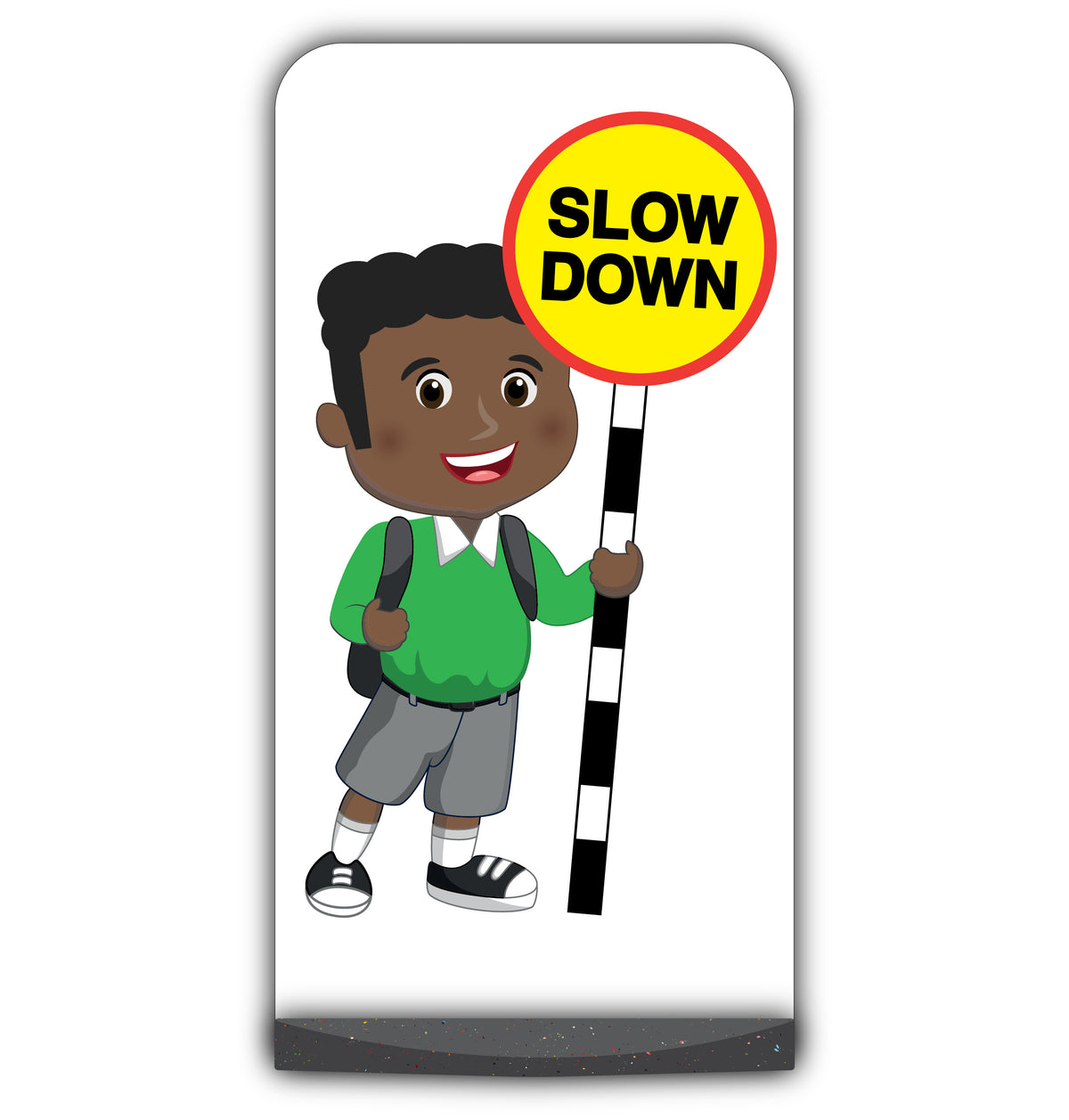 School Kid Flat Panel Pavement Sign – Toby – Slow Down – Green Uniform