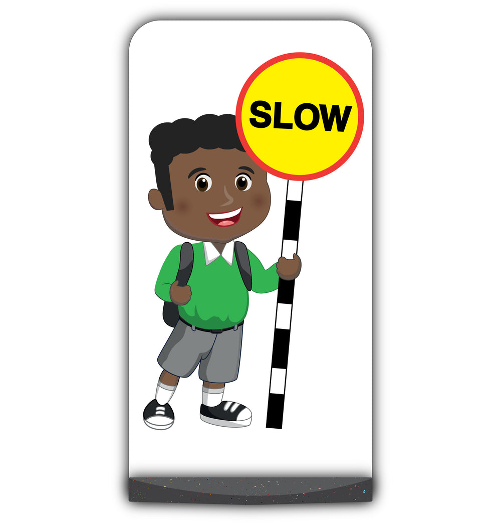 School Kid Flat Panel Pavement Sign – Toby – Slow – Green Uniform