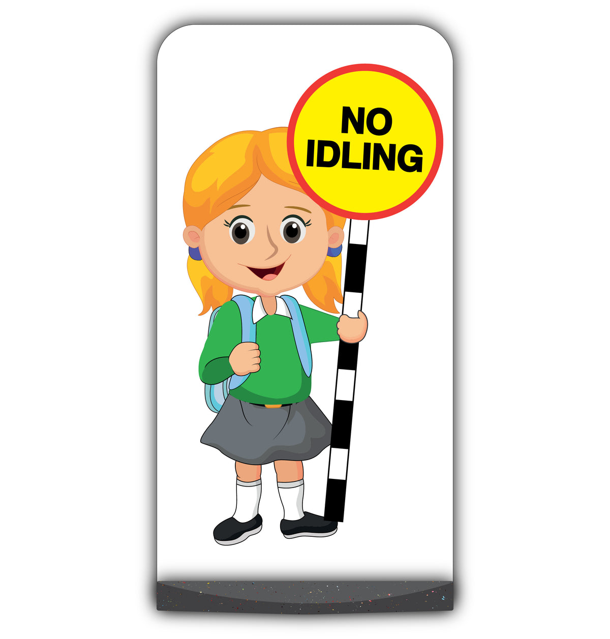 School Kid Flat Panel Pavement Sign – Jess – No Idling – Green Uniform