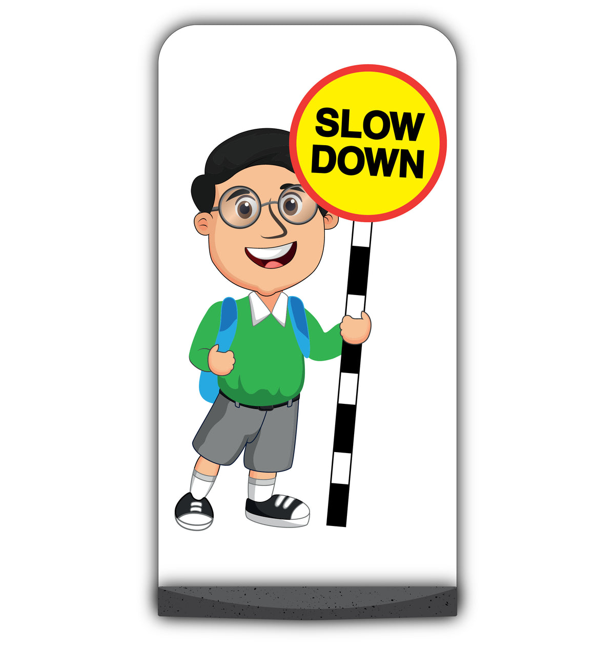 School Kid Flat Panel Pavement Sign – Liam – Slow Down – Green Uniform